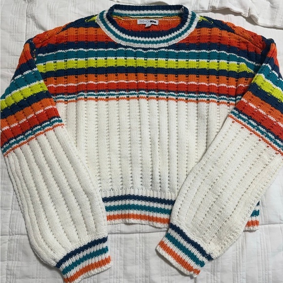 Fashion Nova Womens Sweater White Orange S Striped Cropped Long Sleeve Crewneck - Picture 3 of 7